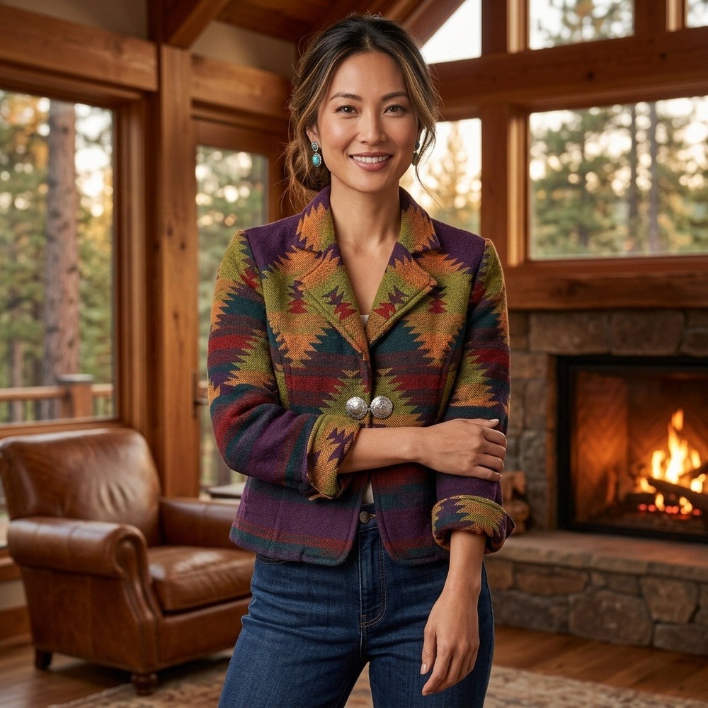 Coldwater Creek Southwestern Blanket Jacket L Purple Tapestry Concho Clasp Y2K